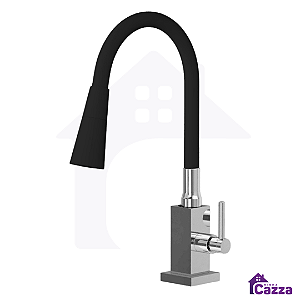 Torneira De Cozinha Gourmet Quadrada Bancada Flexível Preta Duplo Jato 1/4 De Volta