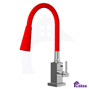 Torneira De Cozinha Gourmet Quadrada Bancada Flexível Vermelha Duplo Jato 1/4 De Volta