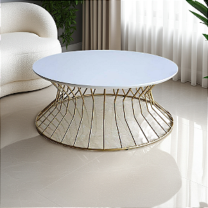 Mesa de Centro Dourada e Branco Laqueado 70 cm para Sala Redonda SINGAPURA