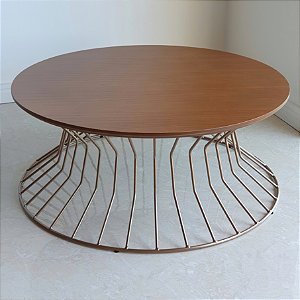 Mesa de Centro para Sala 70 cm Redonda SINGAPURA Cobre e Madeira Cinamomo Castanho