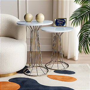 Conjunto 2 Mesas Laterais SINGAPURA Dourada/Branca Laqueada c/ Vidro | Fabiano Adam