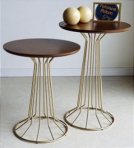 Conjunto Par Mesas Laterais Redondas SINGAPURA Dourado e Cinamomo Castanho