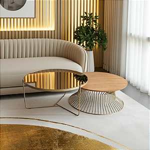 Conjunto Mesas de Centro Redondas SINGAPURA e TRÍADE Douradas (70 cm) Madeira Natural e Espelho Bronze