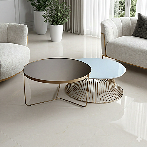 Conjunto Mesas de Centro Redondas SINGAPURA e TRÍADE Douradas 113 x 70 cm Vidro Branco e Espelho Bronze