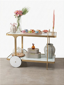 Carrinho Bar IRIDIUM Design Moderno 1 Metro Dourado e Branco Laqueado com Vidro