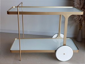 Carrinho Bar IRIDIUM Design Moderno 1 Metro Dourado e Branco Laqueado com Vidro