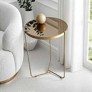 Mesa Lateral Redonda Alta TRÍADE Dourada com Espelho Bronze Design