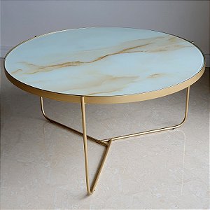 Mesa de Centro para Sala Redonda 70 cm TRÍADE Dourada Vidro Marmorizado Calacata Bege