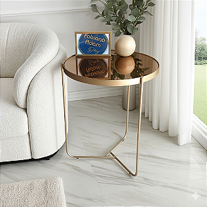 Mesa Lateral Redonda Baixa TRÍADE Dourada com Espelho Bronze Design