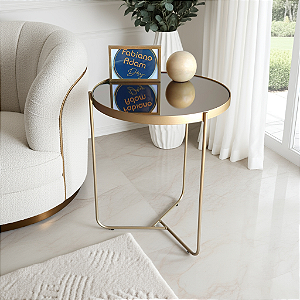 Mesa Lateral Redonda Baixa TRÍADE Dourada com Espelho Bronze Design