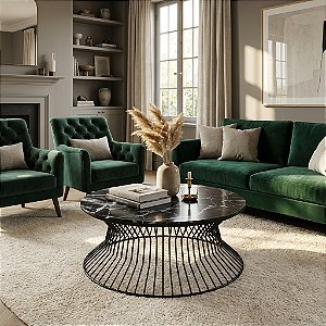 Mesa de Centro Redonda SINGAPURA 80 cm Preto Fosco e Vidro Mármore Preto