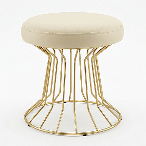 Pufe Decorativo Redondo SINGAPURA 41 cm Dourado e Couro Bege Ivory