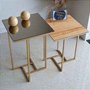 Conjunto Par Mesas Laterais de Canto Quadradas AGATHA Dourado e Cinamomo Natural Design