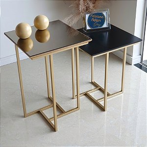 Conjunto Par Mesas Laterais Quadradas AGATHA Dourado e Preto Laqueado Design