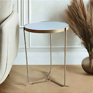 Mesa Lateral Redonda Alta TRÍADE Dourada com Vidro Branco Design Minimalista