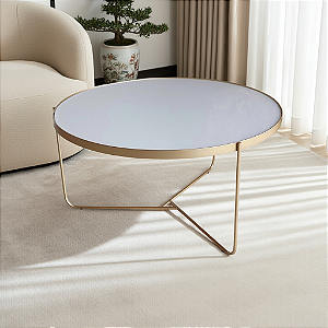 Mesa de Centro para Sala Redonda 70 cm TRÍADE Dourado e Vidro Branco Off-White