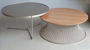 Conjunto Mesas de Centro Redondas 70 cm SINGAPURA 64 Hastes e TRÍADE Prata Champagne Lâmina Madeira Cinamomo Natural e Espelho Bronze