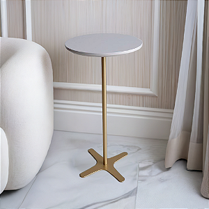 Mesa de Apoio e Mesa Auxiliar Minimalista Redonda 30 cm Alta FLAT Dourada Branco Laqueado