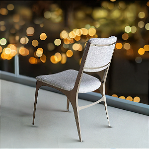 Kit 2 Cadeiras de Jantar Design Industrial em Aço IRIDIUM Prata Champagne e Tecido Boucle Branco