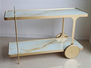Carrinho de Bar Aparador IRIDIUM 120 cm Dourado e Marmorizado Calacata Bege