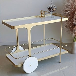 Carrinho de Bar IRIDIUM 90 cm Dourado Fosco e Branco Laqueado Versátil