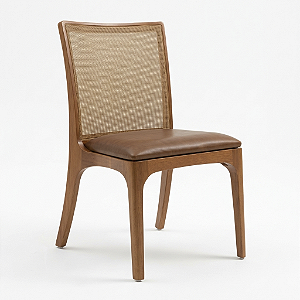Cadeira de Jantar ANNA Design Assinado Madeira Castanho Telinha e Couro Pinhão