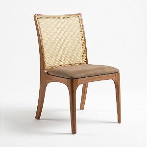 Cadeira de Jantar ANNA Sem Braços Madeira Jequitibá Telinha Sextavada e Couro Hunting Taupe