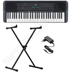 Kit Teclado Musical YAMAHA PSR E273 Preto 61 Teclas + Suporte X + Fonte + Estante de Partituras