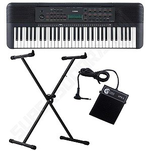 Kit Teclado Musical YAMAHA PSR E273 Preto 61 Teclas + Suporte X + Pedal Sustain + Fonte + Estante de Partituras