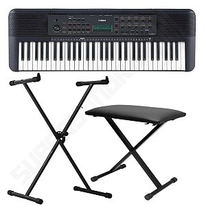 Kit Teclado Musical YAMAHA PSR E273 Preto 61 Teclas + Suporte X + Banqueta X + Fonte + Estante de Partituras