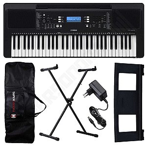 Kit Teclado Musical Arranjador Yamaha PSR E373 61 Teclas + Suporte X + Capa + Suporte de Partituras + Fonte Bivolt