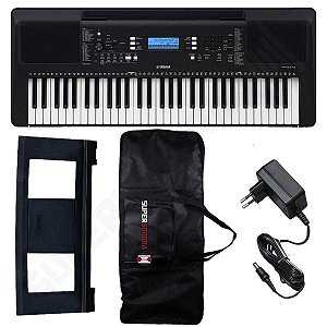 Kit Teclado Musical Arranjador Yamaha PSR E373 61 Teclas + Capa + Suporte de Partituras + Fonte Bivolt