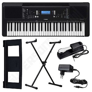 Kit Teclado Musical Arranjador Yamaha PSR E373 61 Teclas + Suporte X + Pedal Sustain