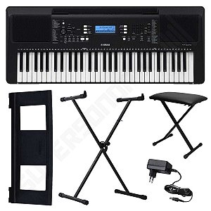 Kit Teclado Musical Arranjador Yamaha PSR E373 61 Teclas + Suporte X + Banqueta X + Suporte de Partituras + Fonte Bivolt