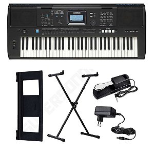 Kit Teclado Yamaha PSRE473 Suporte X + Pedal Sustain