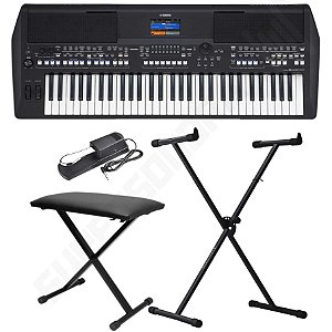 Kit Teclado Musical Yamaha PSR-SX600 Preto + Suporte X + Banqueta X + Pedal Sustain