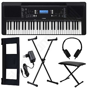 Kit Teclado Musical Arranjador Yamaha PSR E373 61 Teclas + Suporte X + Banqueta X + Fone de Ouvido