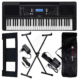 Kit Teclado Musical Arranjador Yamaha PSR E373 61 Teclas Suporte X + Pedal Sustain + Capa + Suporte de Partituras