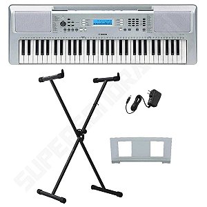 Kit Teclado Musical Arranjador YPT 370 Yamaha Prata 61 Teclas + Suporte em X