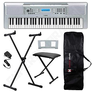 Kit Teclado Musical Arranjador YPT 370 Yamaha Prata 61 Teclas + Suporte X + Banqueta X + Capa