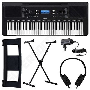 Kit Teclado Musical Arranjador Yamaha PSR E373 61 Teclas + Suporte X + Fone de Ouvido + Suporte de Partituras + Fonte