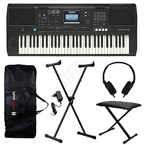 Kit Teclado Musical Arranjador Yamaha PSRE473 61 Teclas + Suporte X + Banqueta X + Fone de Ouvido + Capa