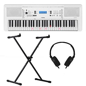 Kit Teclado Yamaha EZ-300 Branco - 61 Teclas Iluminadas + Suporte X + Fone de Ouvido