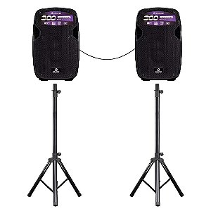 Kit Caixas de Som Bluetooth FK-300X Waldman 300W RMS Ativa 10" + Passiva 10" + Tripés + Cabo