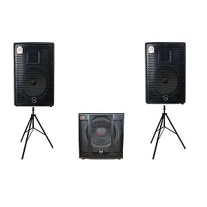 Kit Caixa de Som Leacs Brava 1500 Ativa + Passiva + Subwoofer + Cabos + Tripés