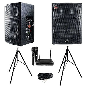 Kit Caixa de Som Leacs Ativa + Passiva Brava 1200 250W RMS + Microfone sem Fio Kadosh K-412M + Cabo P10 + Tripés