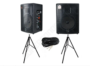 Kit Caixa de Som Leacs Ativa + Passiva Brava 1000 150W RMS + Cabo P10 + Tripés