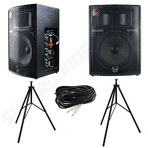 Kit Caixa de Som Leacs Ativa + Passiva Brava 1200 250W RMS + Cabo P10 + Tripés