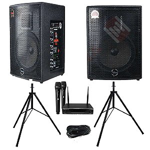 Kit Caixa de Som Leacs Ativa + Passiva Brava 1000 150W RMS + Microfone Sem Fio Kadosh K-412M + Cabo P10 + Tripés