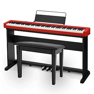 Piano Digital Casio CDP-S160 Vermelho + Estante CS-470p + Banqueta + Pedal Triplo